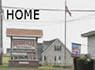 Store front with sign and model home